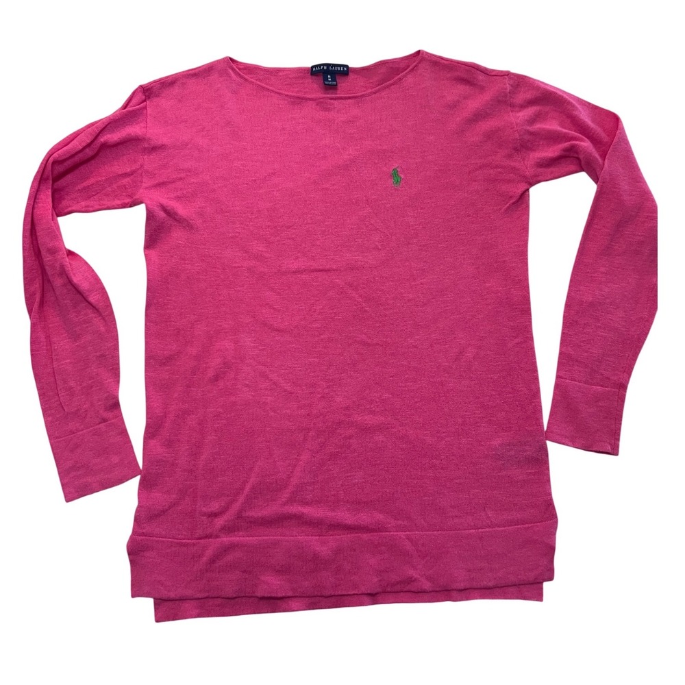 Ralph Lauren Womens Pink Cotton Linen‎ Knit Long Sleeve Pony Logo Sweater Size M